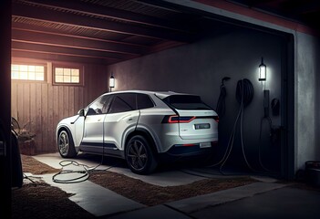 Obraz na płótnie Canvas White electric powered SUV recharging in garage. 3D rendering image. Generative AI