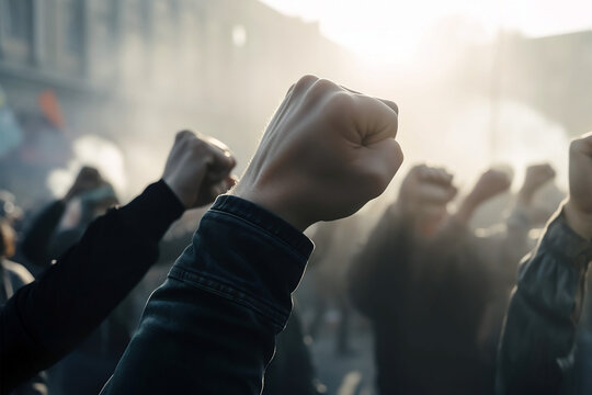 Raised fists in crowd.