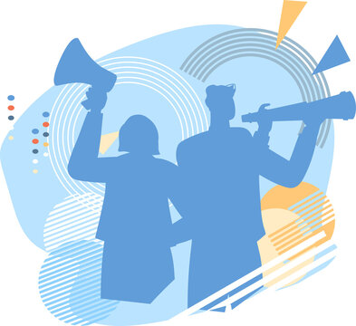 recommend clip art: Recruitment of a new employee and join our team concept. Businessman silhouettes with megaphone and spyglass at abstract backdrop.