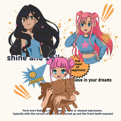 set of cartoon girls, cute girl drawing, vector graphic design for t-shirt