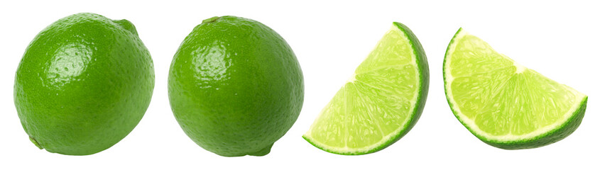 Natural fresh lime, slice and half isolated, transparent png, PNG format, cut-out