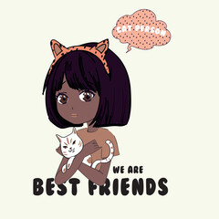 little girl with a cat, cute girl drawing, vector graphic design for t-shirt