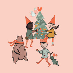 christmas and reindeer, cute children drawing, vector graphic design for t-shirt, anime