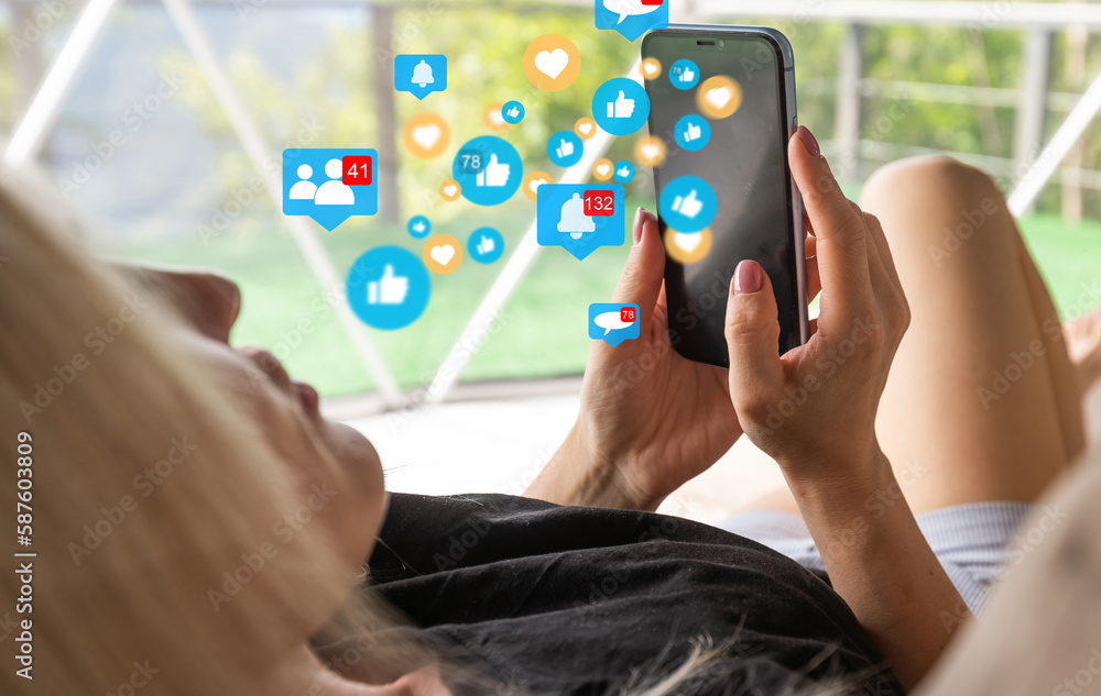 Poster woman use smartphone online to social network, touchscreen device connecting to global cyber net, di