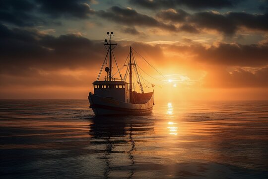 Sunrise Fishing Boat Silhouette on Calm Seas, Generative AI
