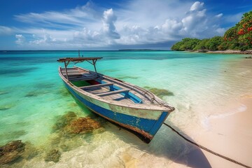 Fototapeta na wymiar Vibrant Caribbean Fishing Boat and Island Beach, Generative AI