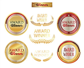 Award Winner emblem collection of golden laurel wreath and badges 