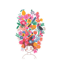 abstract floral background, cute girl drawing, vector graphic design for t-shirt, anime