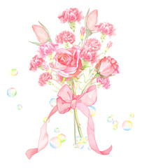 ピンクのバラとカーネーションの花束水彩イラスト