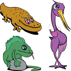 Cartoon pelican and lisards