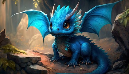 A charming cute baby dragon. Realistic illustration of a fantasy background concept art. Generative AI