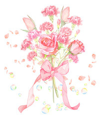 ピンクのバラとカーネーションの花束水彩イラスト