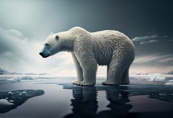 Obraz na płótnie Canvas polar Bear global warming concept standing on melting ice in this world we live in, Climate Crisis in the Arctic. Generative AI