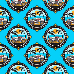 Tropical Vibes Seamless Summer Pattern with Surfing Motorcycle on the Beach Badges. Perfect for Beach and Vacation-Themed Designs and Products. Stock vector