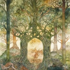 Mystical Forest Of Ancient Oak Trees Generative Ai