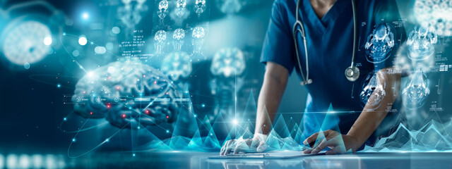 Health care and medical, Surgeon doctor diagnoses, analysis and connected. checking brain scan virtual screen interface, Science, Innovation and Medical technology concept on global networking