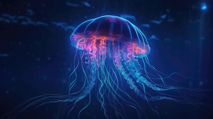 Glowing jellyfish swimming deep in blue sea. Generative AI