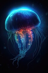 Glowing jellyfish swimming deep in blue sea. Generative AI