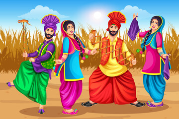 Happy Baisakhi holiday background illustration for Punjabi festival celebration. Concept of Punjab New Year. Dance performer character design.