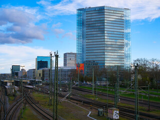 Fototapeta premium Victoria Tower in the background, in the foreground the railway tracks of Mannheim main station can be seen.