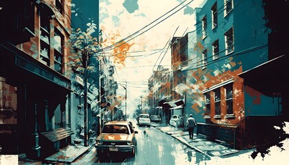 Fototapeta na wymiar illustration painting of urban street with grunge texture, Generative AI