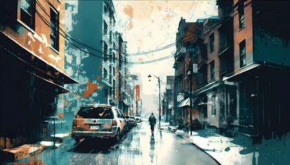 illustration painting of urban street with grunge texture, Generative AI