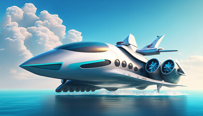 modern jet on top of the ocean with blue sky. Generative AI