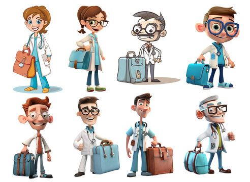 Collection of 8 Doctor with Medical Bag Illustrations with 3D and Flat Styles with Clear Background