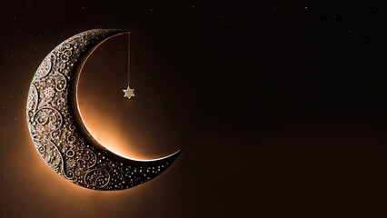 Fototapeta na wymiar Beautiful Carved Crescent Moon With Hanging Star On Dark Background. 