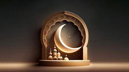 Crescent Moon With Mosque On Islamic Podium or Stage.