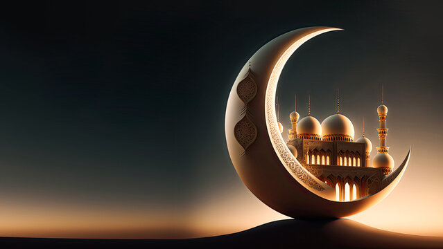 Crescent Moon With Beautiful Mosque On Evening Background.