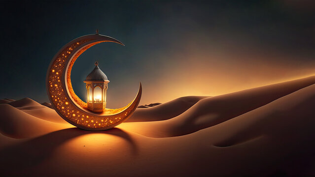 Golden Crescent Moon With Illuminated Arabic Lantern On Sand Dune.