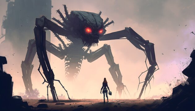 the man facing the giant spider robot, digital art style, illustration painting, Generative AI