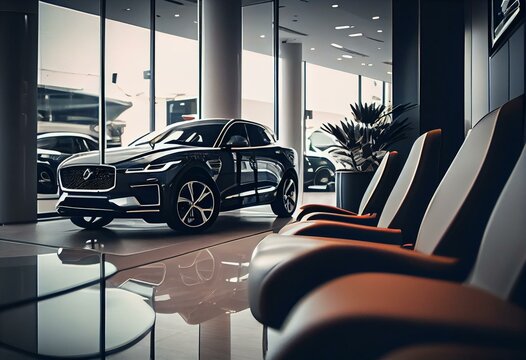 Luxury showroom interior. Car dealership office. New car parked in modern showroom and chairs for customer service. Car for sale and rent business concept. Automobile leasing and. Generative AI