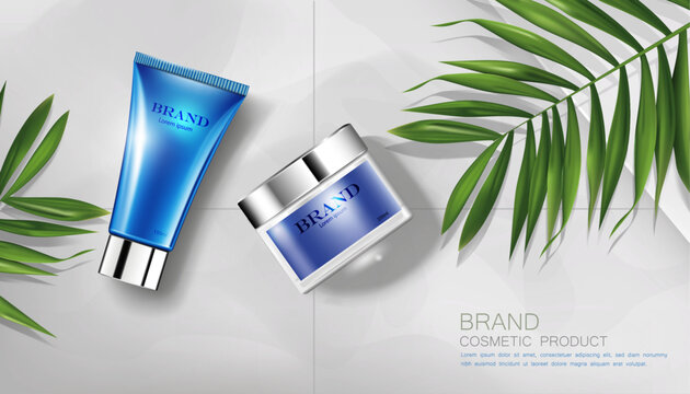 vector illustration two cosmetic products and palm leaves design template, use for cosmetic advertising.skin care products,3d illustration.