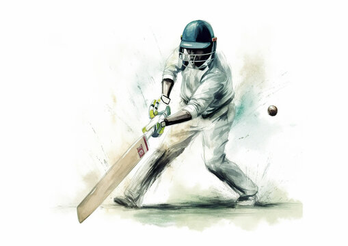 Watercolor abstract representation of cricket.Cricket player in action during colorful paint splash, isolated on white background. AI generated illustration.
