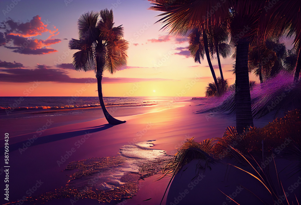 Aufkleber the sky is a beautiful mix of oranges, pinks, and purples, and there are palm trees swaying in the b