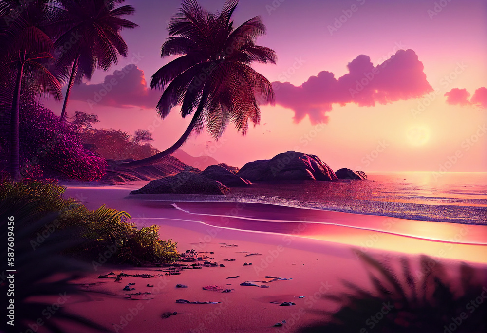 Aufkleber the sky is a beautiful mix of oranges, pinks, and purples, and there are palm trees swaying in the b