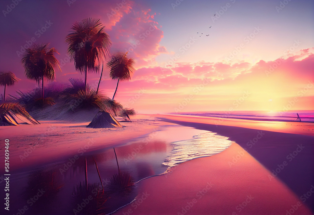 Aufkleber the sky is a beautiful mix of oranges, pinks, and purples, and there are palm trees swaying in the b