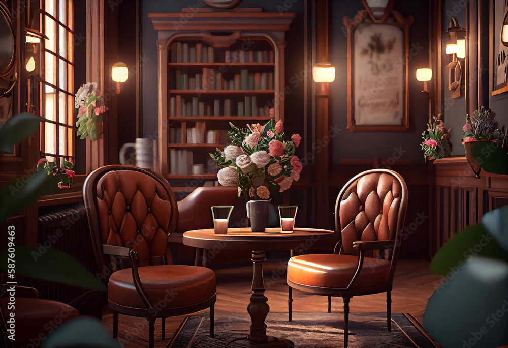 Poster a cozy and inviting coffee shop, with plush chairs and warm lighting. the walls are lined with books