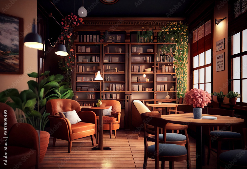 Poster a cozy and inviting coffee shop, with plush chairs and warm lighting. the walls are lined with books