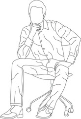 Man sitting on a chair line art with white background, illustration line drawing.
