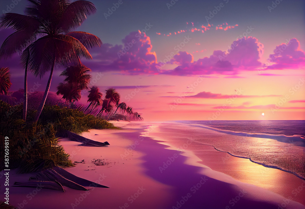 Aufkleber the sky is a beautiful mix of oranges, pinks, and purples, and there are palm trees swaying in the b