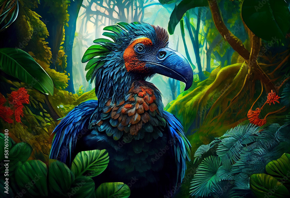Poster a lush jungle with towering trees and a variety of exotic animals, including a majestic dodo bird. t