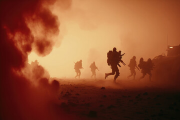 Plakat AI generated silhouettes of army soldiers attacking in smoke against sunset marines team in action