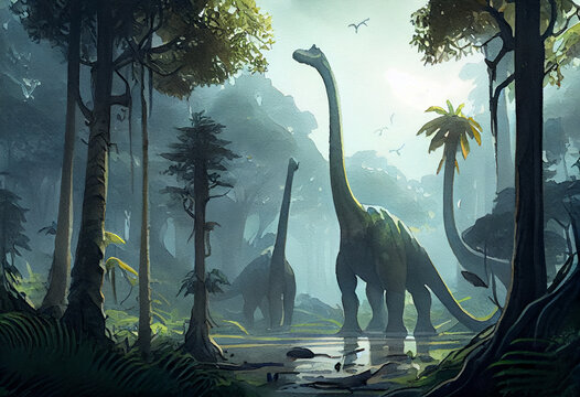 A lush, dense forest filled with giant, prehistoric creatures. In the distance, you can see a herd of Brachiosaurus grazing on the tops of tall trees. Generative AI technology.