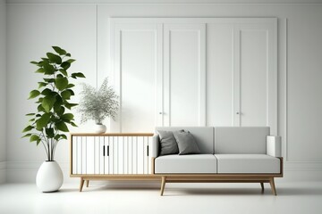 Interior of modern living room with grey sofas and house plant