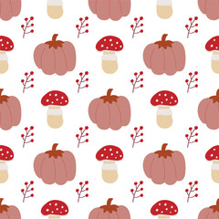 Pumpkin vector pattern. Autumn fall farmhouse seamless background. Thanksgiving pink pumpkin with fly agaric mushroom