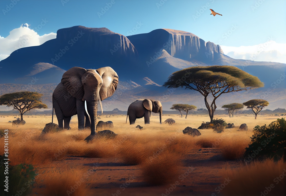 Poster a group of elephants in the savanna, with a majestic mountain range in the distance. generative ai t