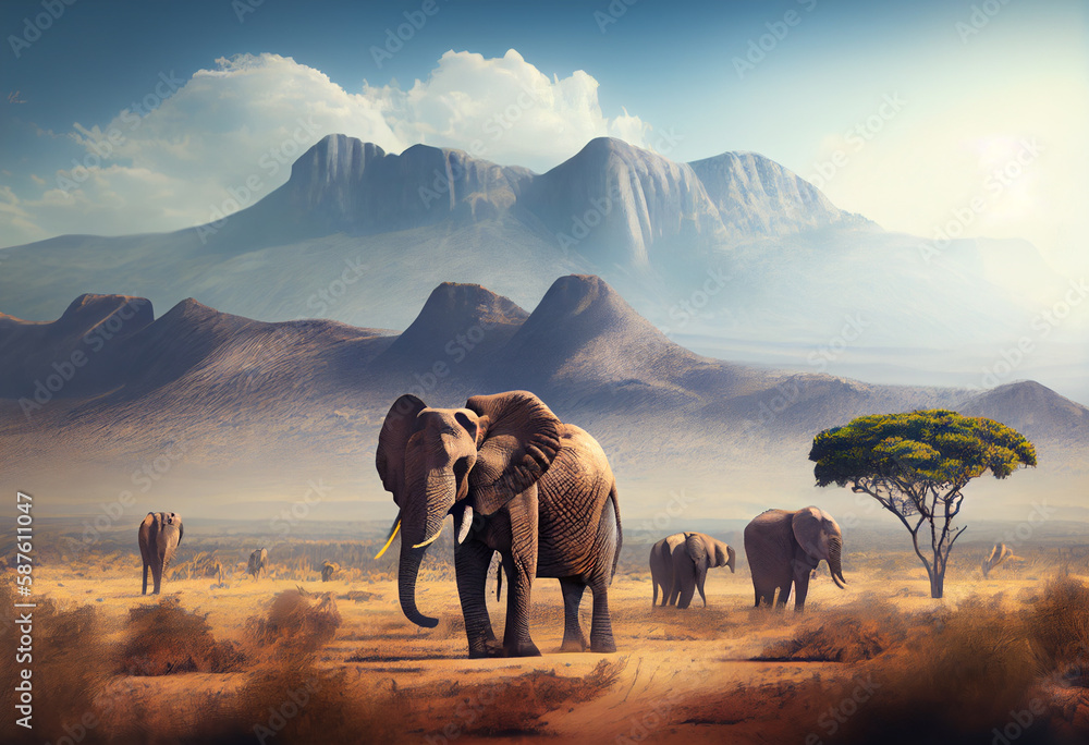 Poster a group of elephants in the savanna, with a majestic mountain range in the distance. generative ai t